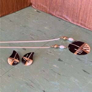 Vintage 1980’s necklace earring set abstract metal black white gold